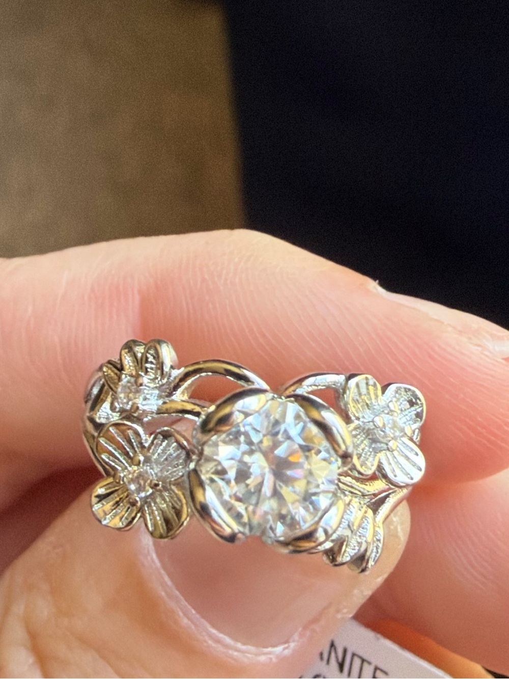 Silver Floral Ring with Clear Center Stone